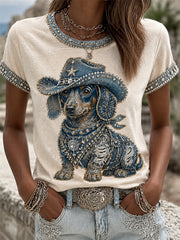 T-shirt décontracté pour femme à imprimé cowboy et chien