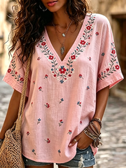 T-shirt femme en lin à manches courtes, imprimé floral