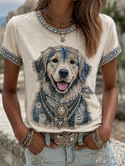 T-shirt décontracté pour femme à imprimé cowboy et chien