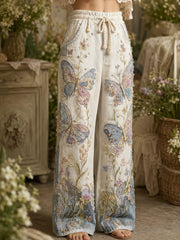 Pantalon pour femme style vintage, patchwork à imprimé floral et papillons
