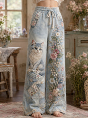 Pantalon pour femme style vintage, patchwork à imprimé floral et motif de chat