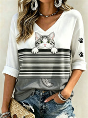 Peeking American Shorthair pour femme Prints de chat et de patte Colorblock Imprimer T-shirt à manches mi-longues à col en V