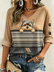 Femmes Peeking Yorkshire Terrier Chien & Patte Prints Colorblock Imprimer Mi-longueur Manches V-Neck T-shirt