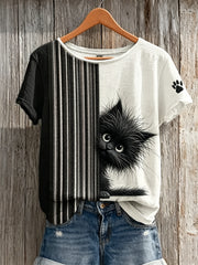 T-shirt Femme Peeking Black Cat & Paw Print Contrast Print à manches courtes