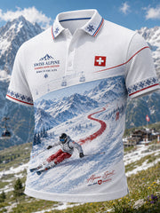 Polo homme à manches courtes, en maille gaufre texturée, imprimé sur le thème du ski