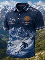 Polo texturé imprimé à manches courtes en tricot gaufré sur le thème du ski pour homme