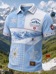 Polo homme à manches courtes, en maille gaufre texturée, imprimé sur le thème du ski