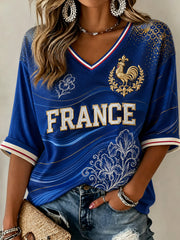 Chemise en lin à col V pour femme, motif France Football