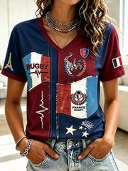 Femmes Français Rugby Rétro Patchwork Imprimer Casual V-cou T-shirt