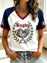 T-shirt à col en V à imprimé de rugby coq français pour femmes