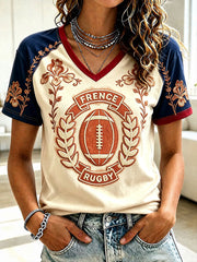 T-shirt à col en V rétro à imprimé floral pour femmes French Rugby