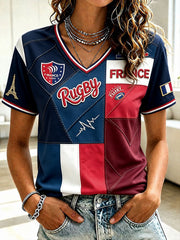 T-shirt à col en V à imprimé patchwork de rugby français pour femmes