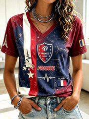 Femmes Français Rugby Patchwork Imprimer Vintage Casual V-cou T-shirt