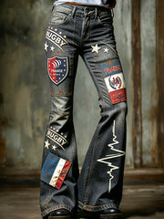 Femmes Gris Foncé Français Rugby Patchwork Imprimer Casual Rétro Évasée Pantalon
