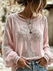 Chemise Femme Vintage Viking Arbre de Vie Imprimé Coton-Lin