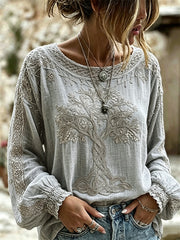 Chemise Femme Vintage Viking Arbre de Vie Imprimé Coton-Lin