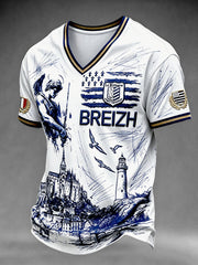 T-shirt décontracté pour homme, blanc, imprimé montagne Saint-Michel de Bretagne, col en V