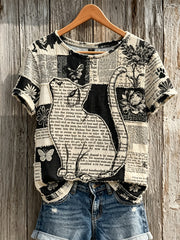 T-shirt à manches courtes imprimé chat et patte pour femme journal floral