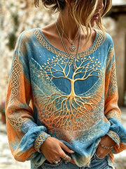 Chemise en coton et lin pour femme, imprimée du motif de l’arbre de vie viking