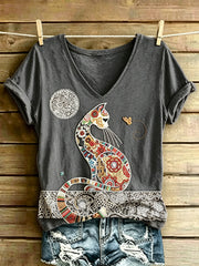 T-shirt vintage à manches courtes, ample, à imprimé artistique félin pour femme