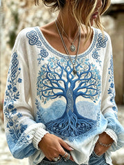 Chemise en coton et lin pour femme, imprimée du motif de l’arbre de vie viking