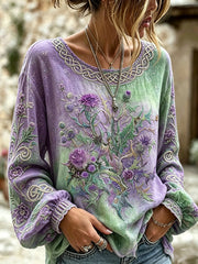 Chemise pour femme en coton et lin, motif viking floral dégradé
