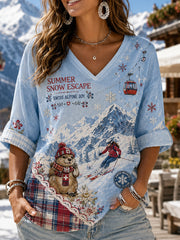 Haut à col en V pour femme, imprimé sur le thème du ski