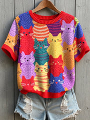 T-shirt ample à manches courtes, imprimé d’art félin, tendance vintage pour femme