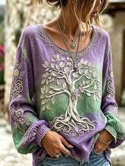 Chemise pour femme en coton et lin, motif viking floral dégradé