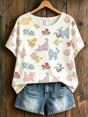 T-shirt vintage à manches courtes, ample, à imprimé artistique félin pour femme