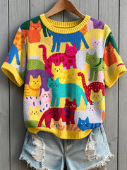 T-shirt ample à manches courtes, imprimé d’art félin, tendance vintage pour femme