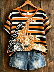 T-shirt femme à manches courtes, ample, à imprimé animalier girafe, style vintage et tendance