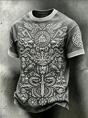 T-shirt décontracté effet chiné pour homme, à imprimé rétro viking