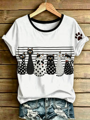 T-shirt vintage à manches courtes, ample, à imprimé artistique félin pour femme