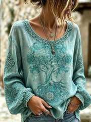 Chemise en coton et lin pour femme, imprimée du motif de l’arbre de vie viking