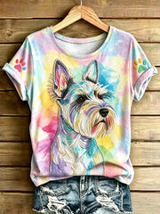 T-shirt vintage à manches courtes, ample, à imprimé animalier canin pour femme