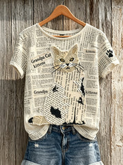 T-shirt à manches courtes pour femme imprimé chat et patte journal patchwork art imprimé