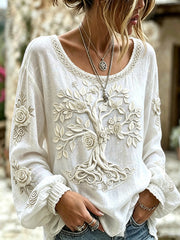 Chemise en coton et lin pour femme, imprimée du motif de l’arbre de vie viking