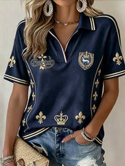 T-shirt polo décontracté à col en V pour femme, bleu foncé, imprimé breton français
