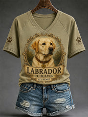 Rétro Chien Imprimer Casual V-Neck Tee des femmes