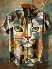 Hommes Vintage Abstrait Géométrique Animaux Chat Motif Col montant Chemise À Manches Courtes