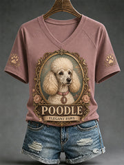 T-shirt décontracté à col en V pour femmes, imprimé chien rétro