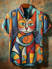 Chemise pour homme vintage à motifs abstraits géométriques, animaux et chats, col montant, manches courtes