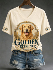 T-shirt décontracté à col en V pour femmes, imprimé chien rétro