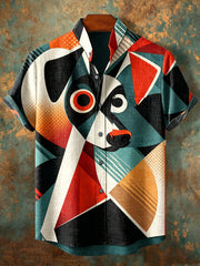 Chemise vintage pour homme à motifs abstraits géométriques, animaux et chien, col montant, manches courtes