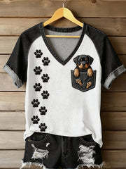 Animal Art Pocket chien imprimé Vintage Fashion lâche manches courtes T-Shirt des femmes