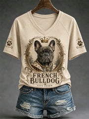 T-shirt décontracté à col en V pour femmes, imprimé chien rétro