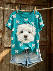 T-shirt décontracté à manches courtes pour femme, imprimé d’un mignon motif de chien