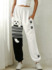 Femme Belle Peeking Maltais Chien & Patte Prints Colorblock Imprimer Pantalons de survêtement