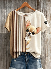 T-shirt à manches courtes pour femmes Peeking Chihuahua Dog & Paw Print Colorblock